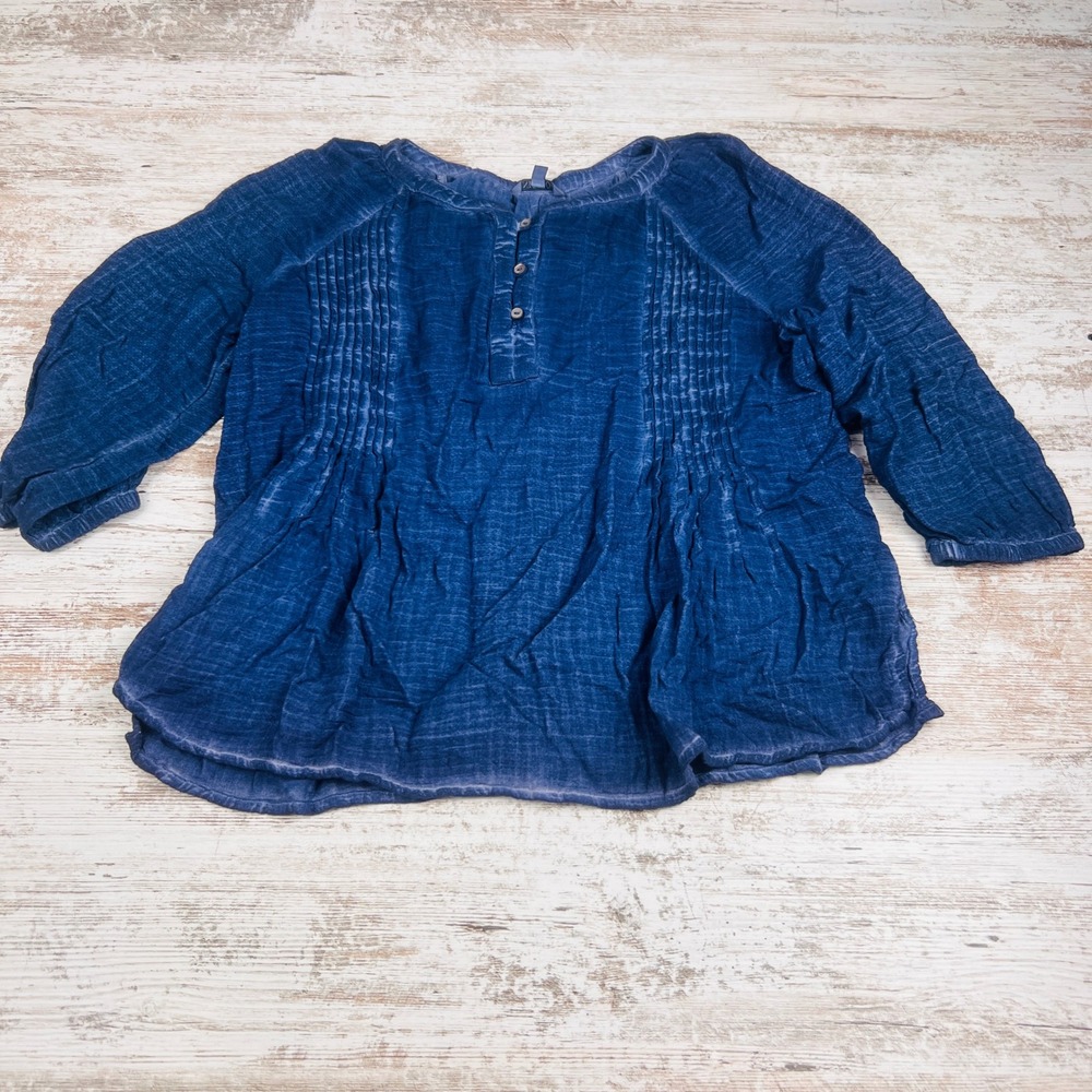NIC+ZOE Womens PL Blue Henley Pintuck Blouse Long Sleeve Rayon Cotton Relaxed